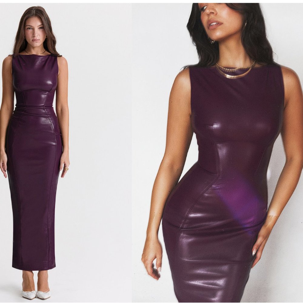 HOUSE OF CB 'Sahara' Merlot Vegan Leather Maxi Dress NWT - Picture 3 of 14